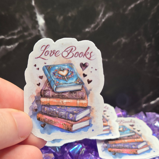 Elegant "Love Books" Sticker - Ornate Stack of Books & Hearts Decal for Passionate Readers