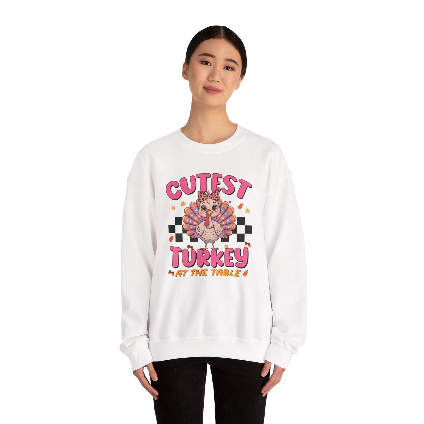 Chic Retro Turkey Thanksgiving Sweatshirt: Cutest At The Table – Cozy Crewneck in Purple, Pink, & More Colors for Holiday Family Gatherings
