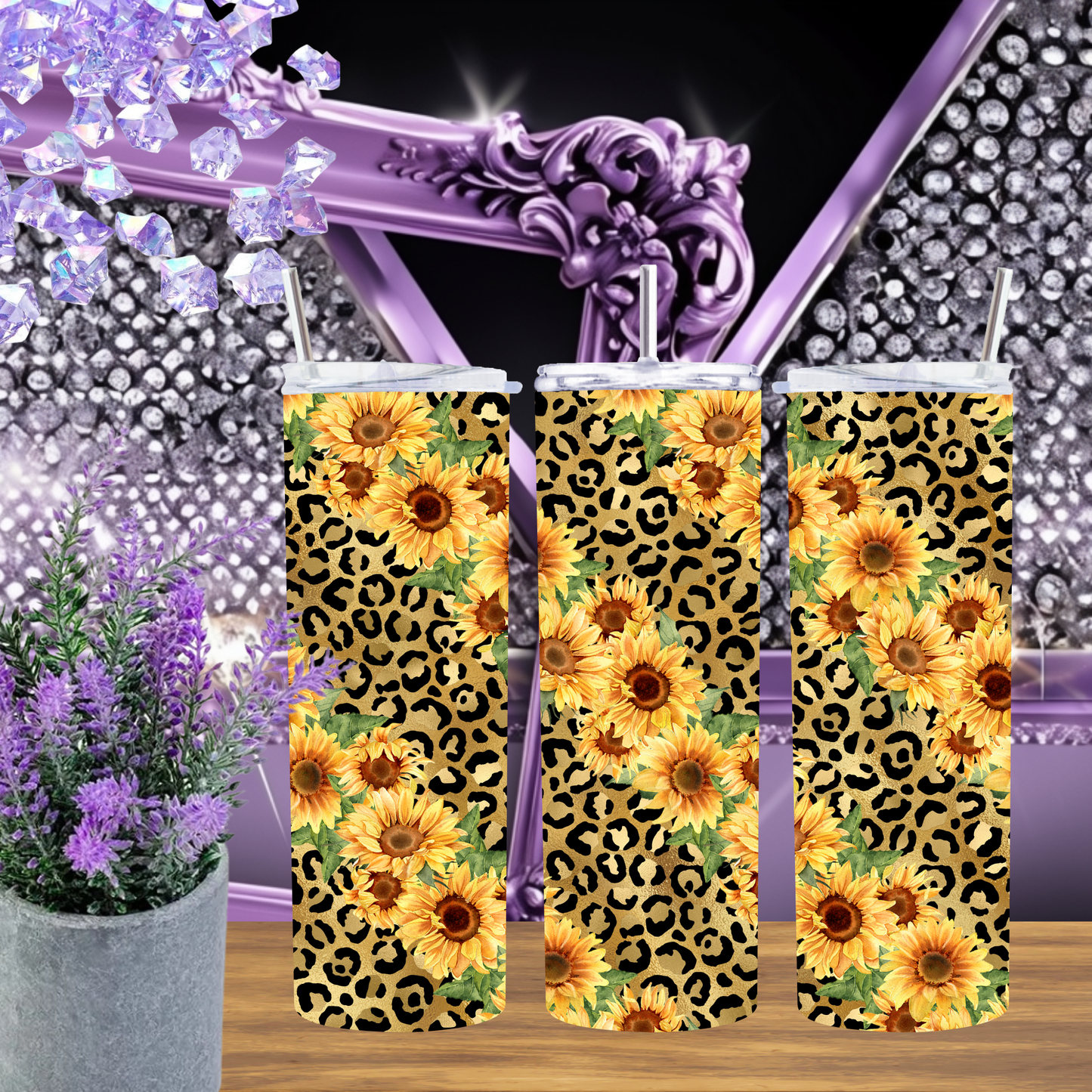 Sunflower Leopard Tumbler 20 oz – Yellow Floral Skinny Cup with Cheetah Print, Western Cowgirl Gift, Country Coffee Tumbler