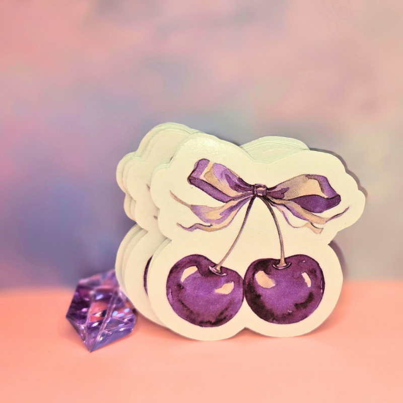 Dainty Purple Cherry Stickers with Coquette Bow Accent - Elegant Vinyl Decals for Laptops, Water Bottles, and Crafts