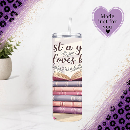 Just a Girl Who Loves Books Tumbler | 20oz Reader Cup with stacked book design and clear lid with straw