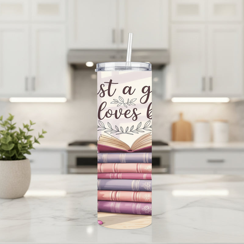 Just a Girl Who Loves Books Tumbler | 20oz Reader Cup with stacked book design and clear lid with straw