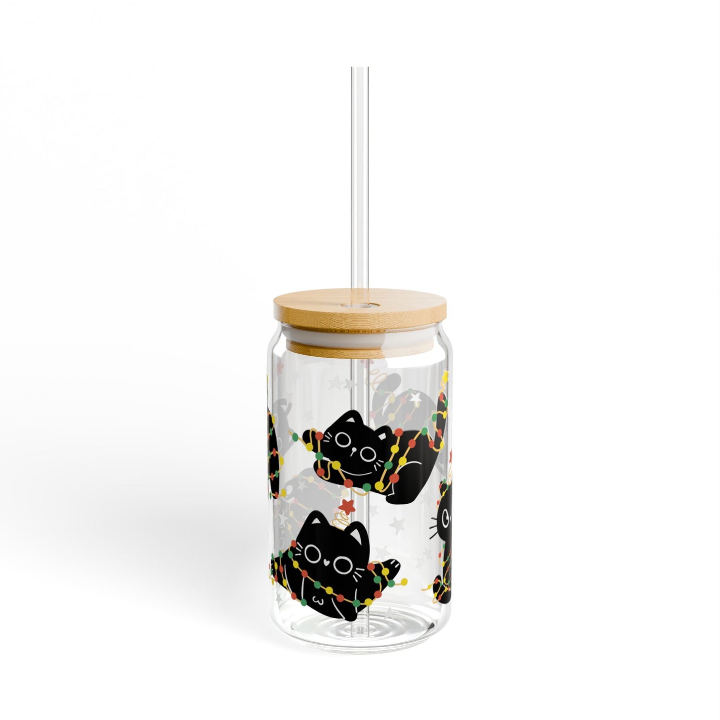 Tangled Christmas Cat Libbey Glass Can Cup 16oz – Funny Holiday Cat Tumbler with Lid & Straw, Cute Gift for Cat Lovers