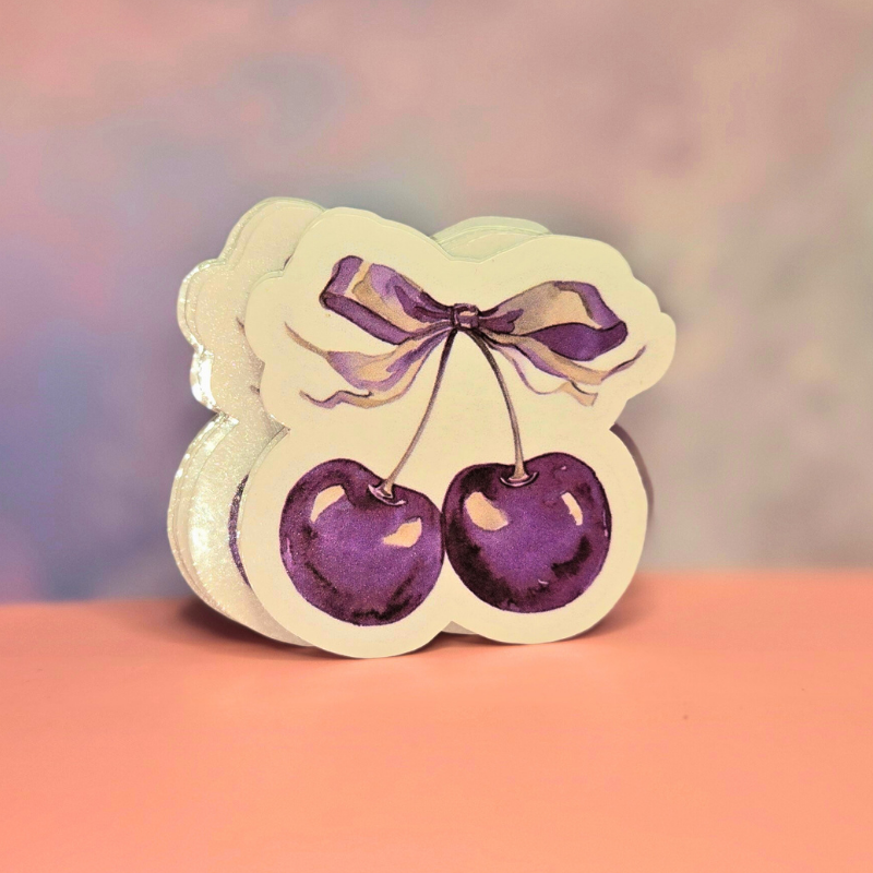Dainty Purple Cherry Stickers with Coquette Bow Accent - Elegant Vinyl Decals for Laptops, Water Bottles, and Crafts
