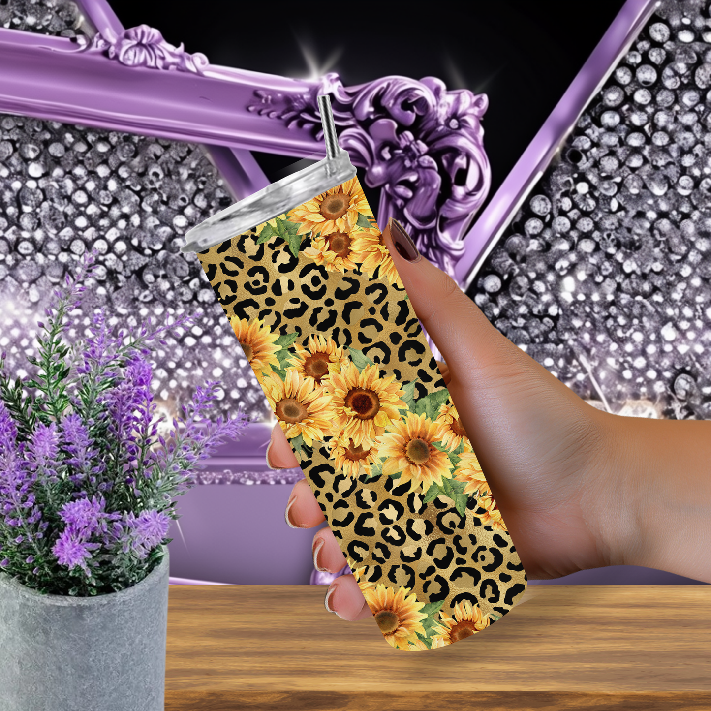 Sunflower Leopard Tumbler 20 oz – Yellow Floral Skinny Cup with Cheetah Print, Western Cowgirl Gift, Country Coffee Tumbler