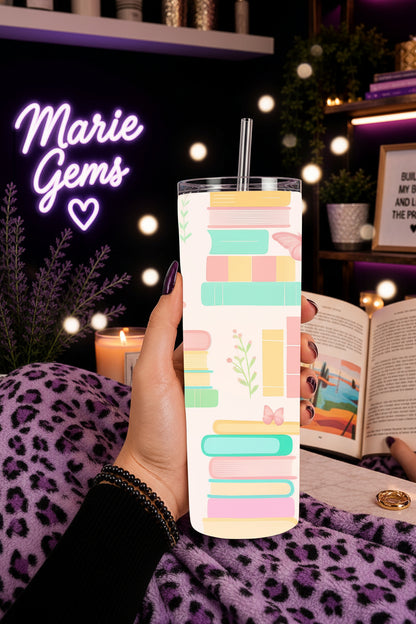 Pastel Bookworm Handmade 20 oz Stainless Steel Tumbler showing pastel bookworm tumbler artwork with pastel bookworm tumbler, book lover tumbler, library lover gift, product image 2