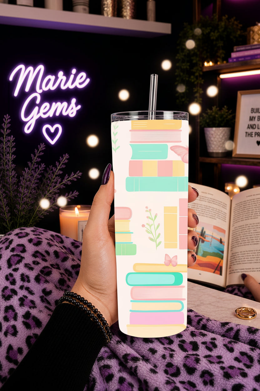 Pastel Bookworm Handmade 20 oz Stainless Steel Tumbler showing pastel bookworm tumbler artwork with pastel bookworm tumbler, book lover tumbler, library lover gift, product image 2