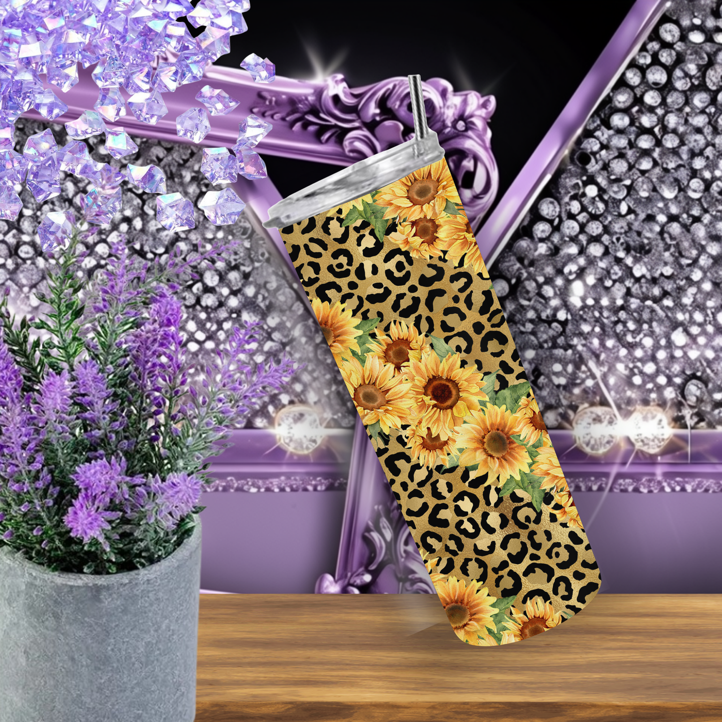 Sunflower Leopard Tumbler 20 oz – Yellow Floral Skinny Cup with Cheetah Print, Western Cowgirl Gift, Country Coffee Tumbler
