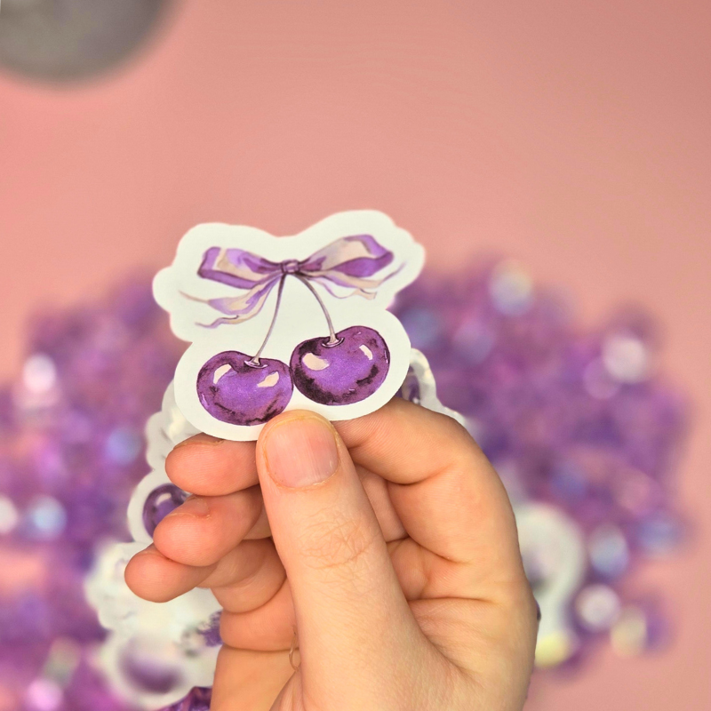 Dainty Purple Cherry Stickers with Coquette Bow Accent - Elegant Vinyl Decals for Laptops, Water Bottles, and Crafts