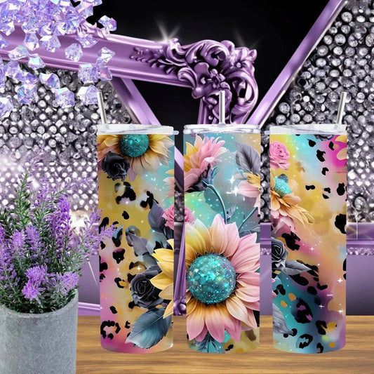 Rainbow Cheetah Sunflower 20oz Tumbler • Teal Glitter Floral Stainless Steel Cup • Colorful Leopard Print Gift for Her • Handmade Boho Botanical Drinkware by Marie Gems