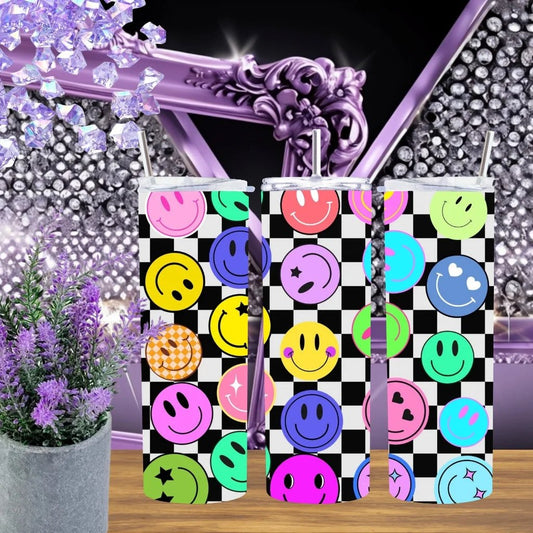 Retro Smiley Face 20oz Tumbler • Checkered Stainless Steel Cup • Y2K Aesthetic Gift for Her • Handmade Neon Hippie Vibes Drinkware by Marie Gems