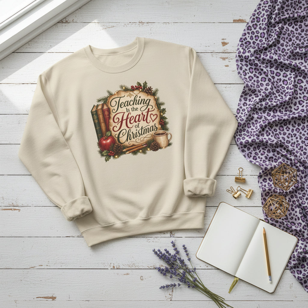 Teaching Is the Heart of Christmas teacher sweatshirt lifestyle mockup