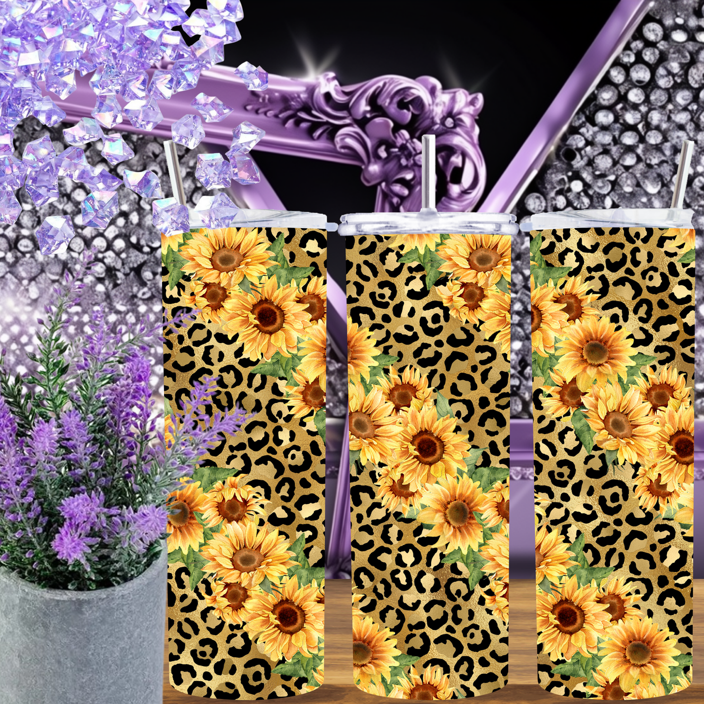 Sunflower Leopard Tumbler 20 oz – Yellow Floral Skinny Cup with Cheetah Print, Western Cowgirl Gift, Country Coffee Tumbler