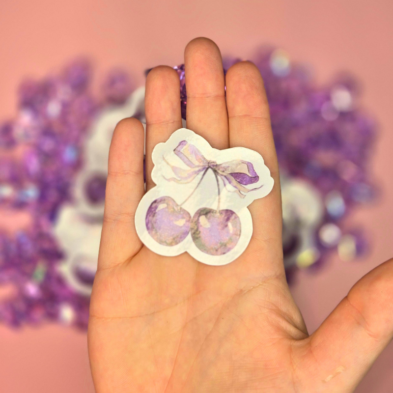 Dainty Purple Cherry Stickers with Coquette Bow Accent - Elegant Vinyl Decals for Laptops, Water Bottles, and Crafts