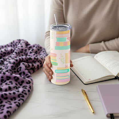 Pastel Bookworm Handmade 20 oz Stainless Steel Tumbler showing pastel bookworm tumbler artwork with pastel bookworm tumbler, book lover tumbler, library lover gift