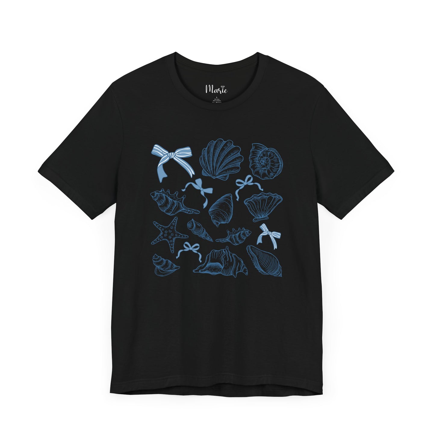 Elegant Seashells with Blue Bows T-Shirt - Coastal Style Graphic Tee for Women - Unique Nautical Fashion