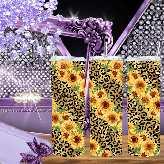 Sunflower Leopard Tumbler 20 oz – Yellow Floral Skinny Cup with Cheetah Print, Western Cowgirl Gift, Country Coffee Tumbler