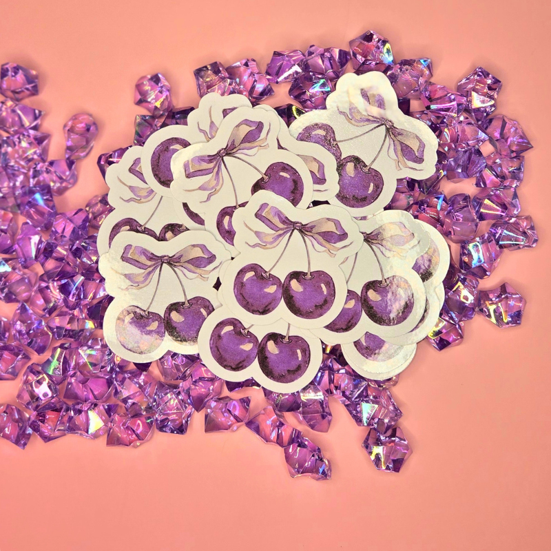 Dainty Purple Cherry Stickers with Coquette Bow Accent - Elegant Vinyl Decals for Laptops, Water Bottles, and Crafts