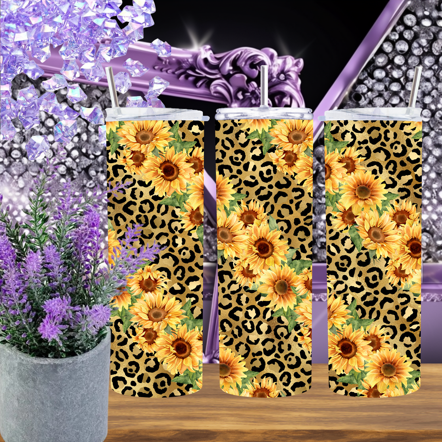 Sunflower Leopard Tumbler 20 oz – Yellow Floral Skinny Cup with Cheetah Print, Western Cowgirl Gift, Country Coffee Tumbler