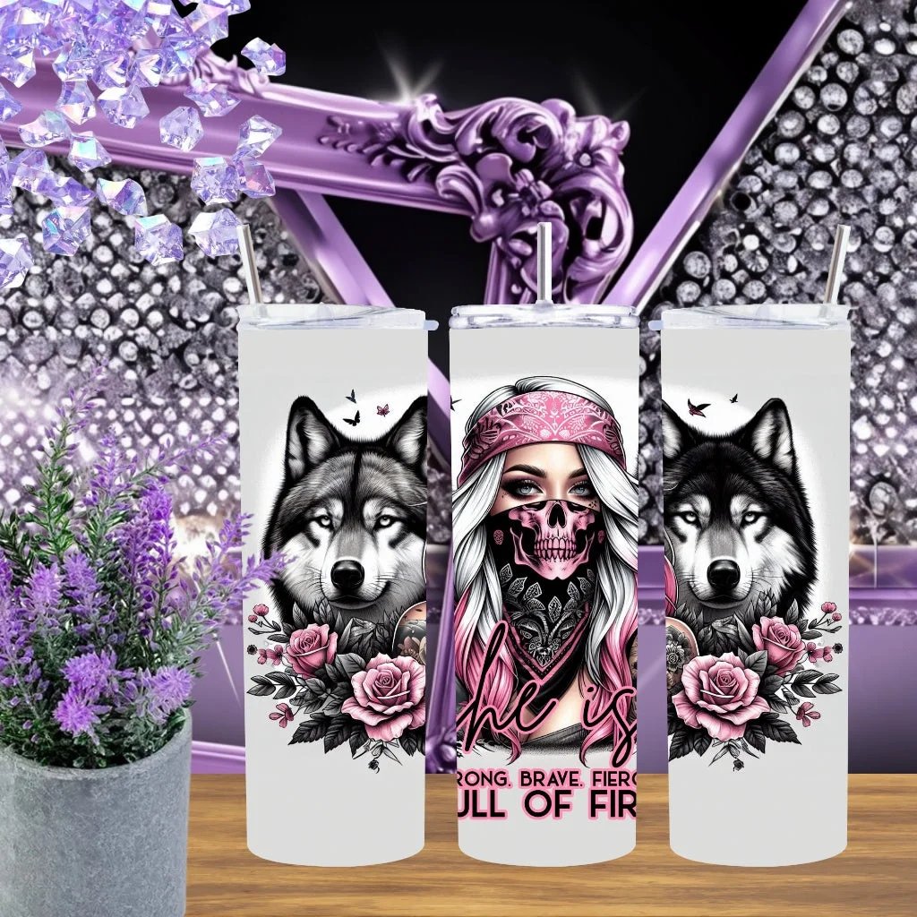 Fierce Wolf 20oz Tumbler • She Is Full of Fire Stainless Steel Cup • Strong Brave Fierce Gift for Her • Handmade Pink Bandana Aesthetic Wolf Drinkware by Marie Gems