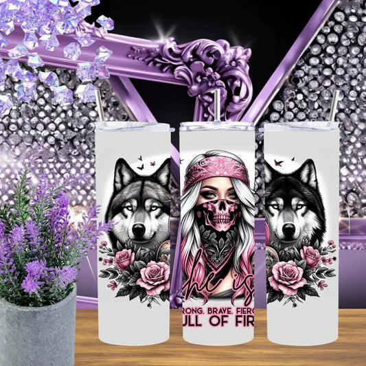 Fierce Wolf 20oz Tumbler • She Is Full of Fire Stainless Steel Cup • Strong Brave Fierce Gift for Her • Handmade Pink Bandana Aesthetic Wolf Drinkware by Marie Gems