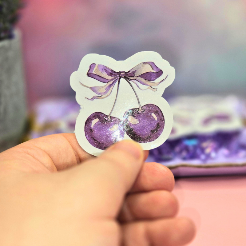 Dainty Purple Cherry Stickers with Coquette Bow Accent - Elegant Vinyl Decals for Laptops, Water Bottles, and Crafts