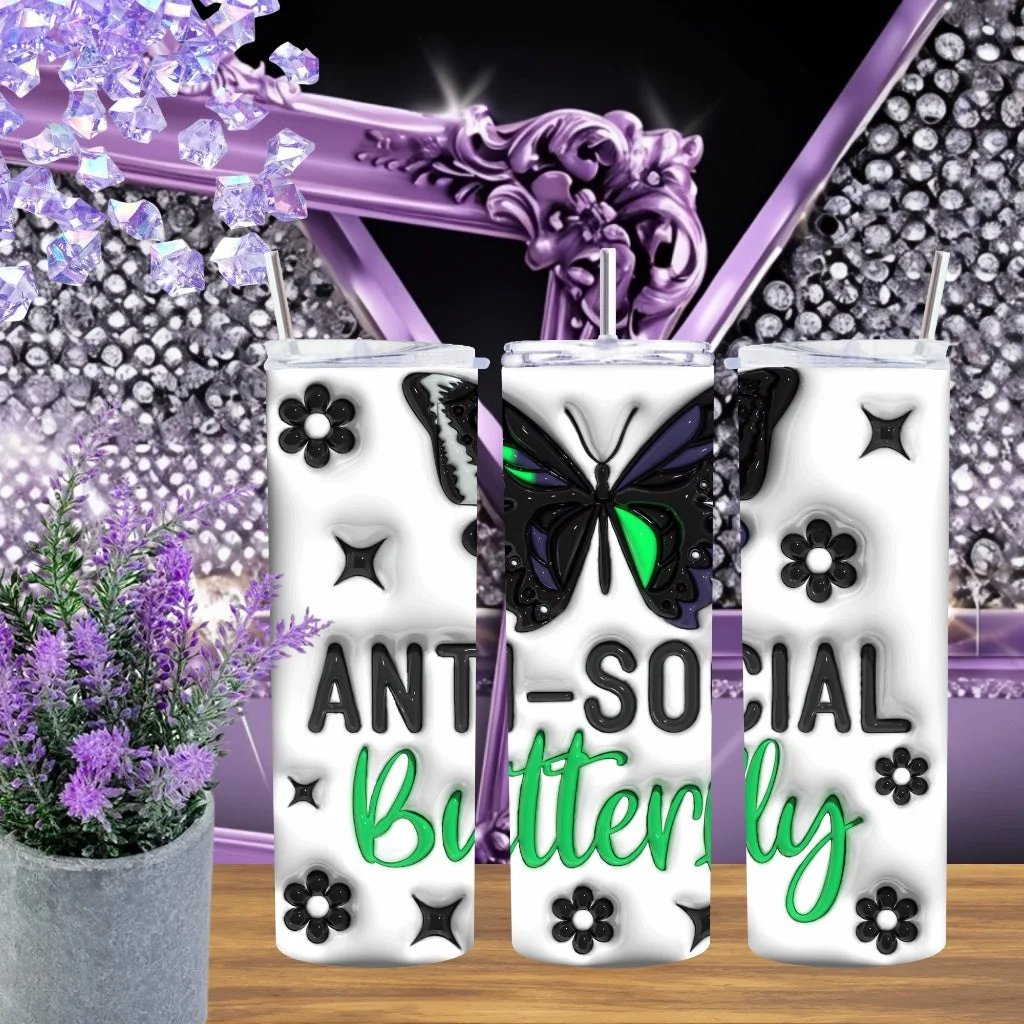 Anti Social Butterfly 20oz Tumbler • 3D Puffy Green Stainless Steel Cup • Funny Introvert Gift for Her • Handmade Aesthetic Butterfly Drinkware by Marie Gems