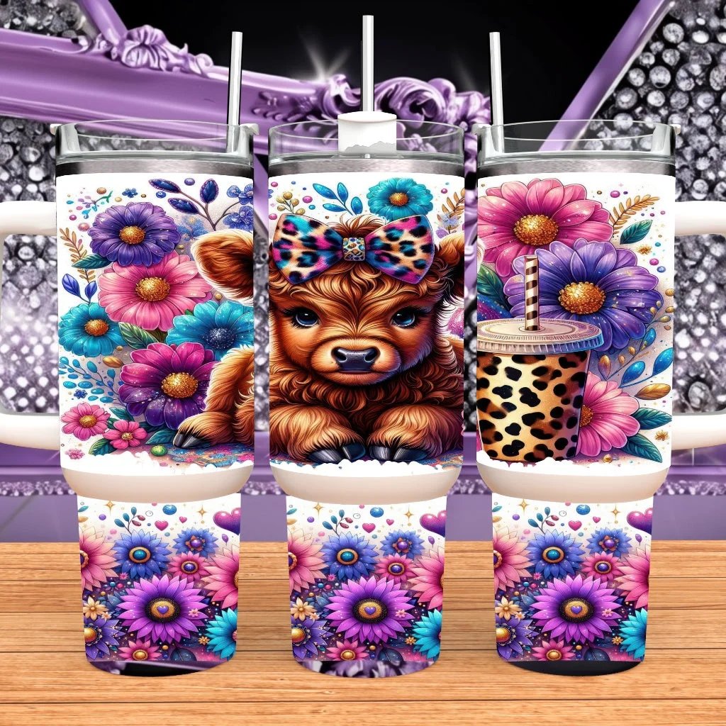 Baby Highland Cow 40oz Tumbler with Handle • Pink Purple Floral Travel Mug • Leopard Bow Cow Gift for Her • Large Insulated Sublimation Water Bottle • Farmhouse Aesthetic Cup by Marie Gems