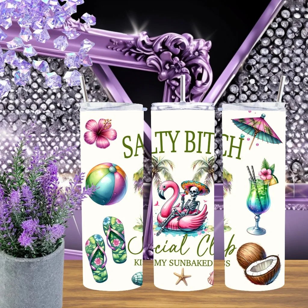 Salty Bitch Social Club 20oz Tumbler Stainless Steel Beach Cup Skeleton On Flamingo Float Handmade Tropical Drinkware by Marie Gems