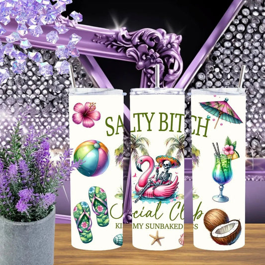 Salty Bitch Social Club 20oz Tumbler Stainless Steel Beach Cup Skeleton On Flamingo Float Handmade Tropical Drinkware by Marie Gems