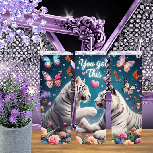 White Tiger Love Tumbler – Insulated 20oz Skinny Cup with Butterflies & Flowers for Daily Motivation