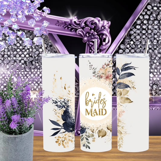 Bridesmaid Tumbler 20 oz – Elegant Floral Wedding Skinny Cup, Neutral Boho Bridesmaid Gift, Personalized Bridal Party Tumbler