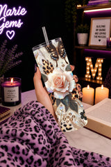 Gold Leopard Rose Glam 20 oz Stainless Steel Tumbler showing gold leopard rose glam tumbler artwork with insulated stainless steel tumbler, reusable travel cup, made to order