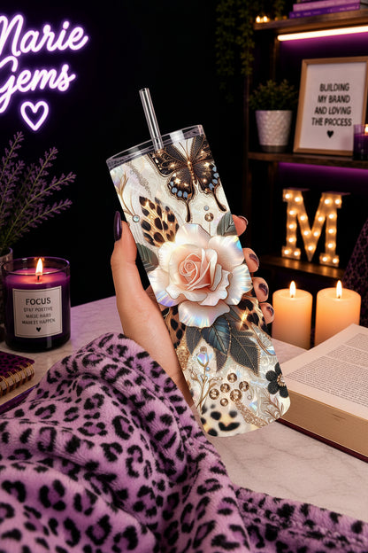 Gold Leopard Rose Glam 20 oz Stainless Steel Tumbler showing gold leopard rose glam tumbler artwork with insulated stainless steel tumbler, reusable travel cup, made to order