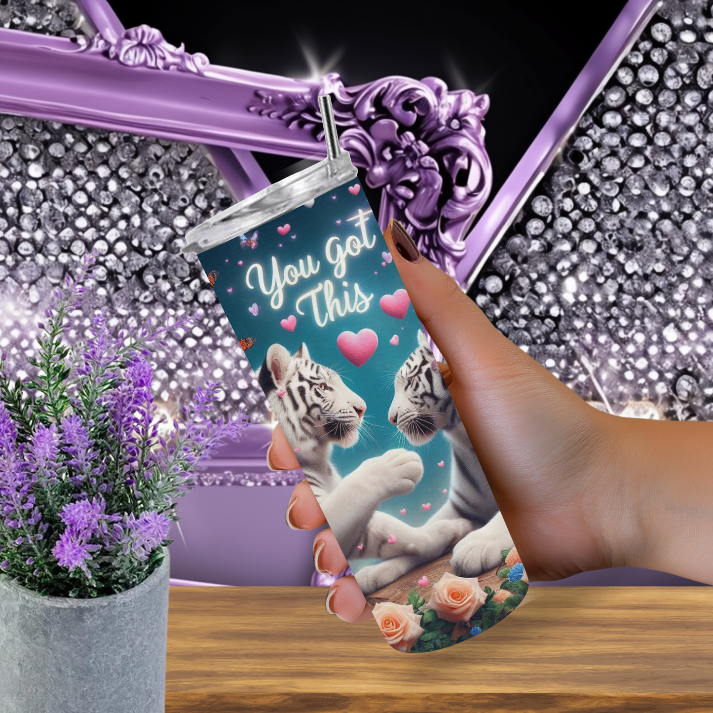 White Tiger Love Tumbler – Insulated 20oz Skinny Cup with Butterflies & Flowers for Daily Motivation