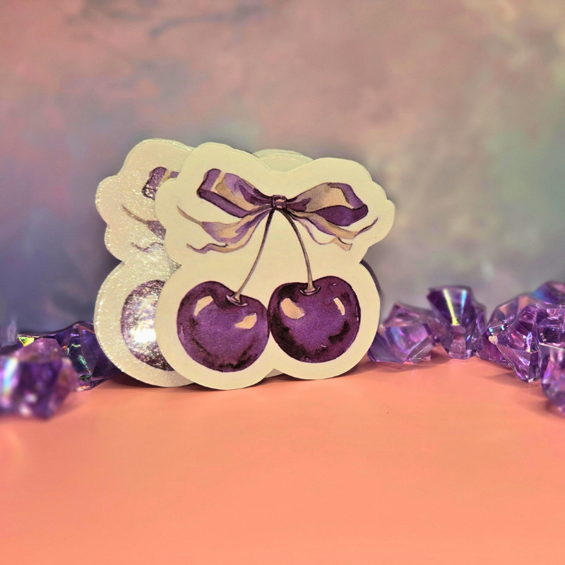 Dainty Purple Cherry Stickers with Coquette Bow Accent - Elegant Vinyl Decals for Laptops, Water Bottles, and Crafts