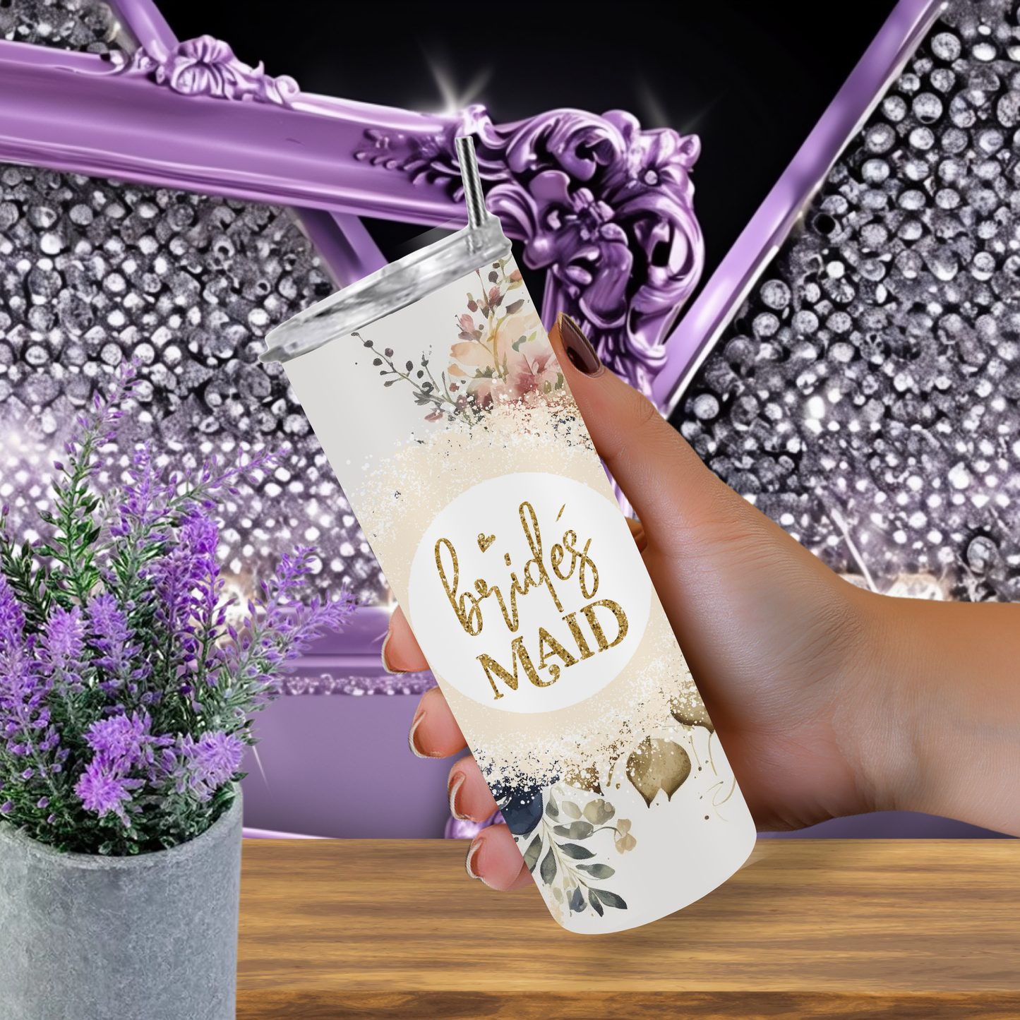 Bridesmaid Tumbler 20 oz – Elegant Floral Wedding Skinny Cup, Neutral Boho Bridesmaid Gift, Personalized Bridal Party Tumbler