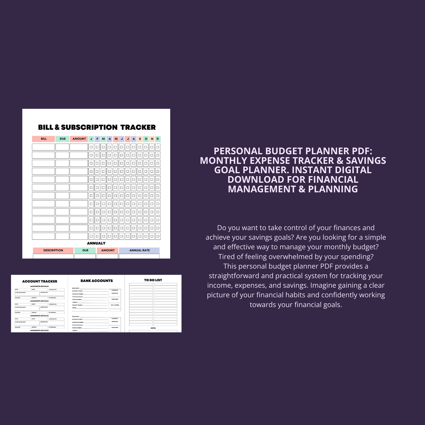Personal Budget Planner PDF: Monthly Expense Tracker & Savings Goal Planner. Instant Digital Download for Financial Management & Planning