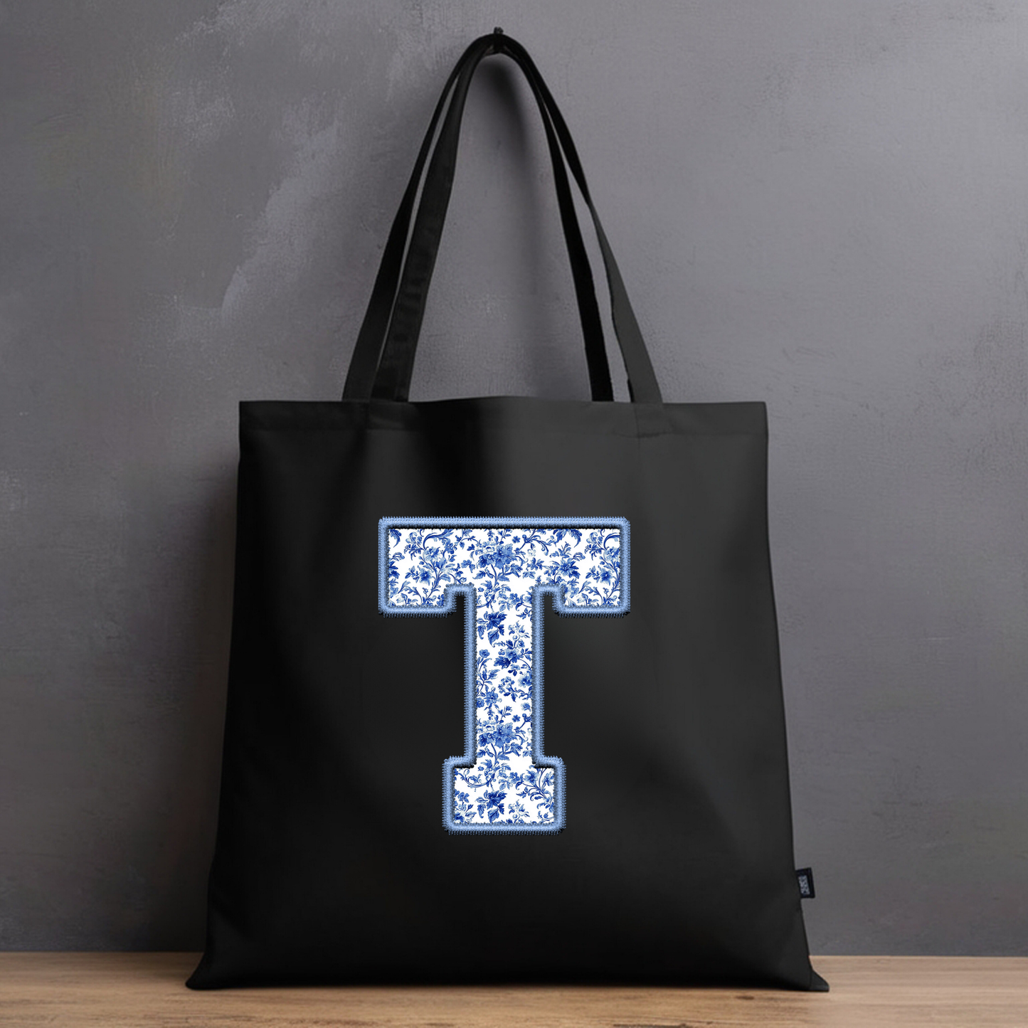 Personalized Chinoiserie Letter Tote Bag - Elegant Initial Design on Black Canvas (15x16)