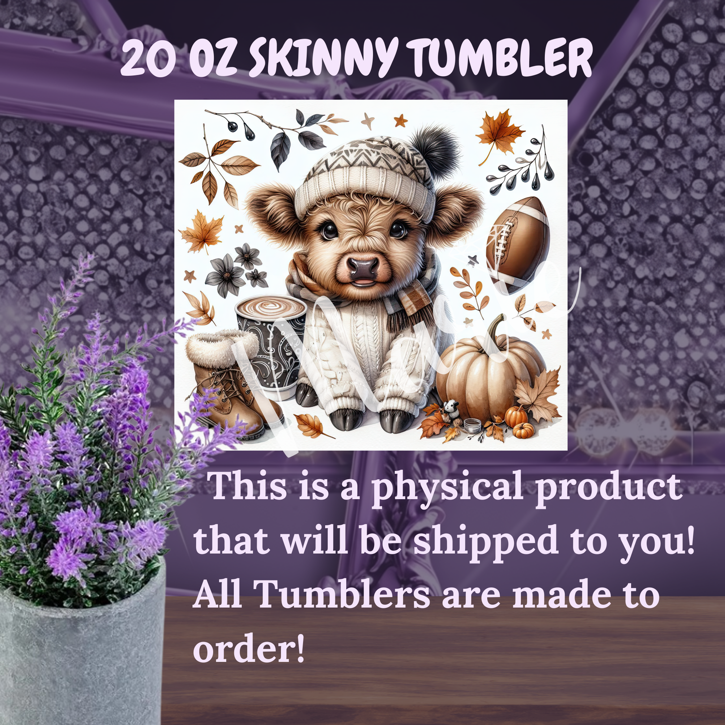 Cozy Highland Cow Autumn Fall 20oz Skinny Tumbler, Baby Cow in Beanie, Pumpkin Spice Season, Football Season, Fall Aesthetic Gift for Her