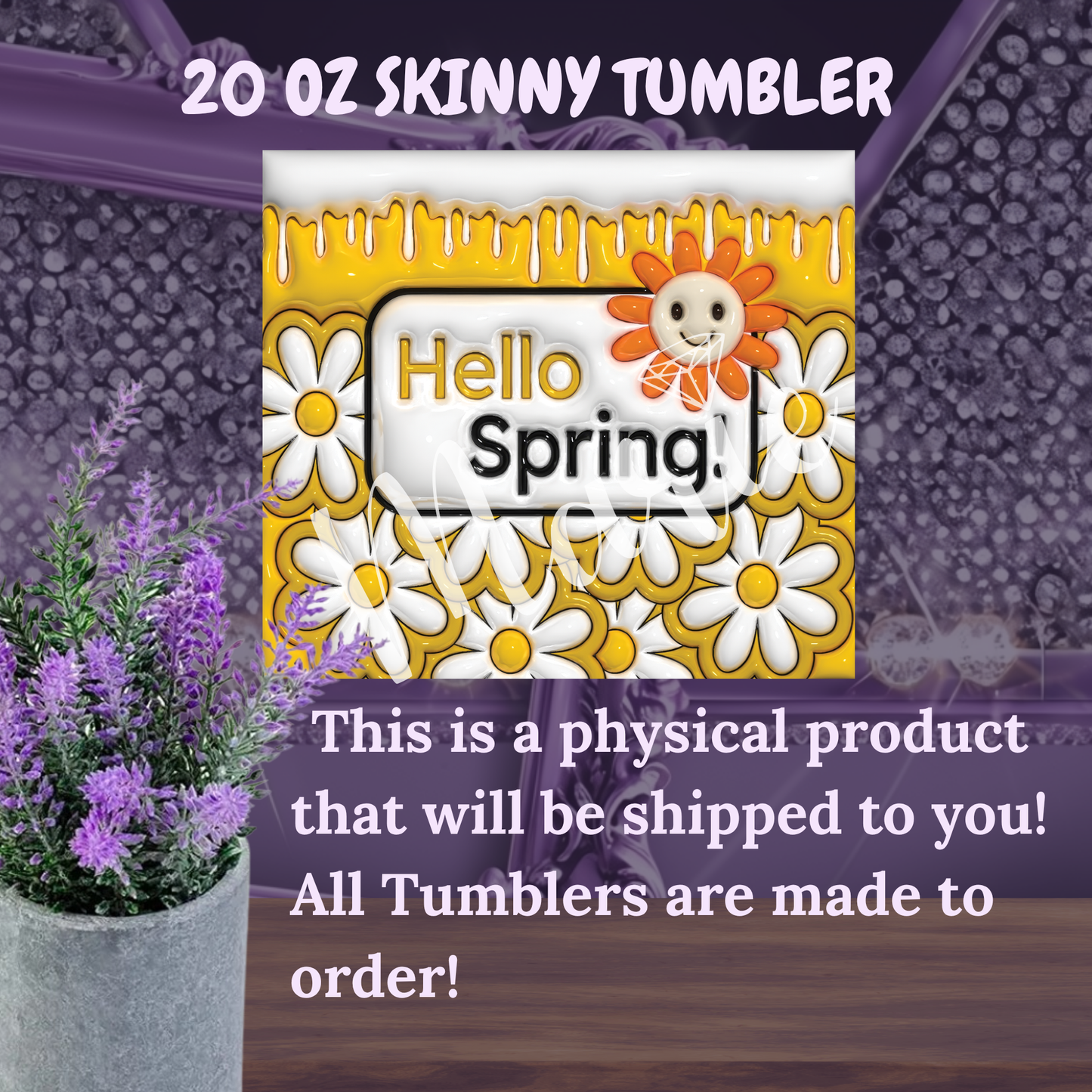 Hello Spring Tumbler 20 oz – Daisy Floral Skinny Tumbler with Honey Drip Design, Double Wall Insulated Cup with Straw, Spring Gift for Her