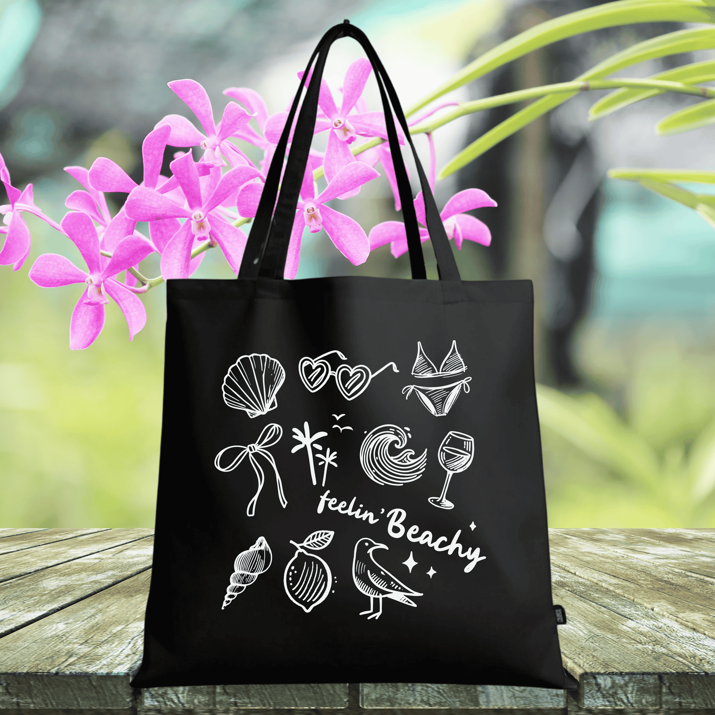 Black Canvas Tote Bag with "Feelin' Beachy" Design - Large 15x16 inch Reusable Shopping Bag