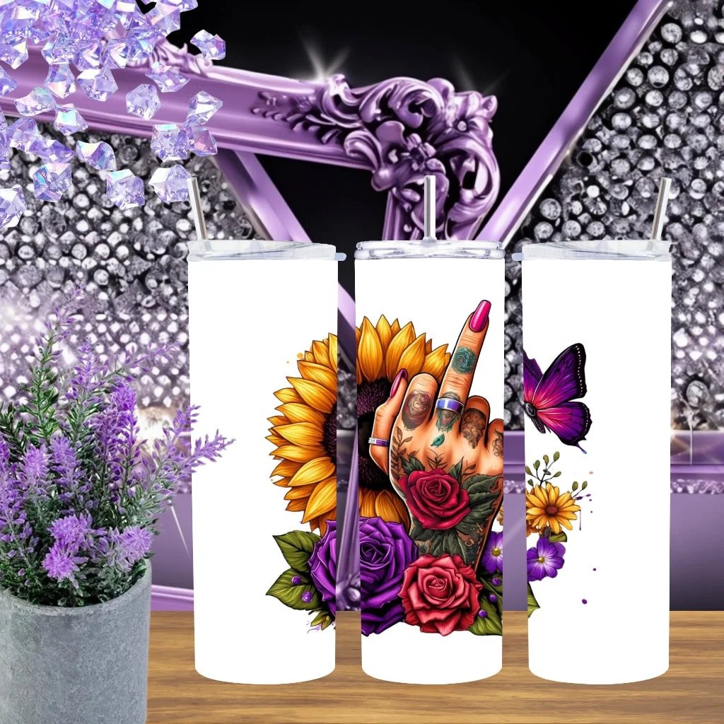 Sunflower Middle Finger Tumbler 20oz 30oz Handmade Stainless Steel Cup Sarcastic Floral Gift For Her Edgy Drinkware by Marie Gems