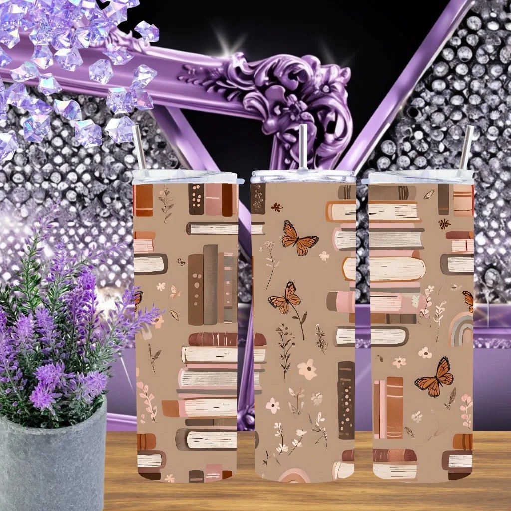Boho Book Lover 20oz Tumbler Stainless Steel Cup with Butterfly Floral Design Gift for Her Handmade Library Drinkware by Marie Gems