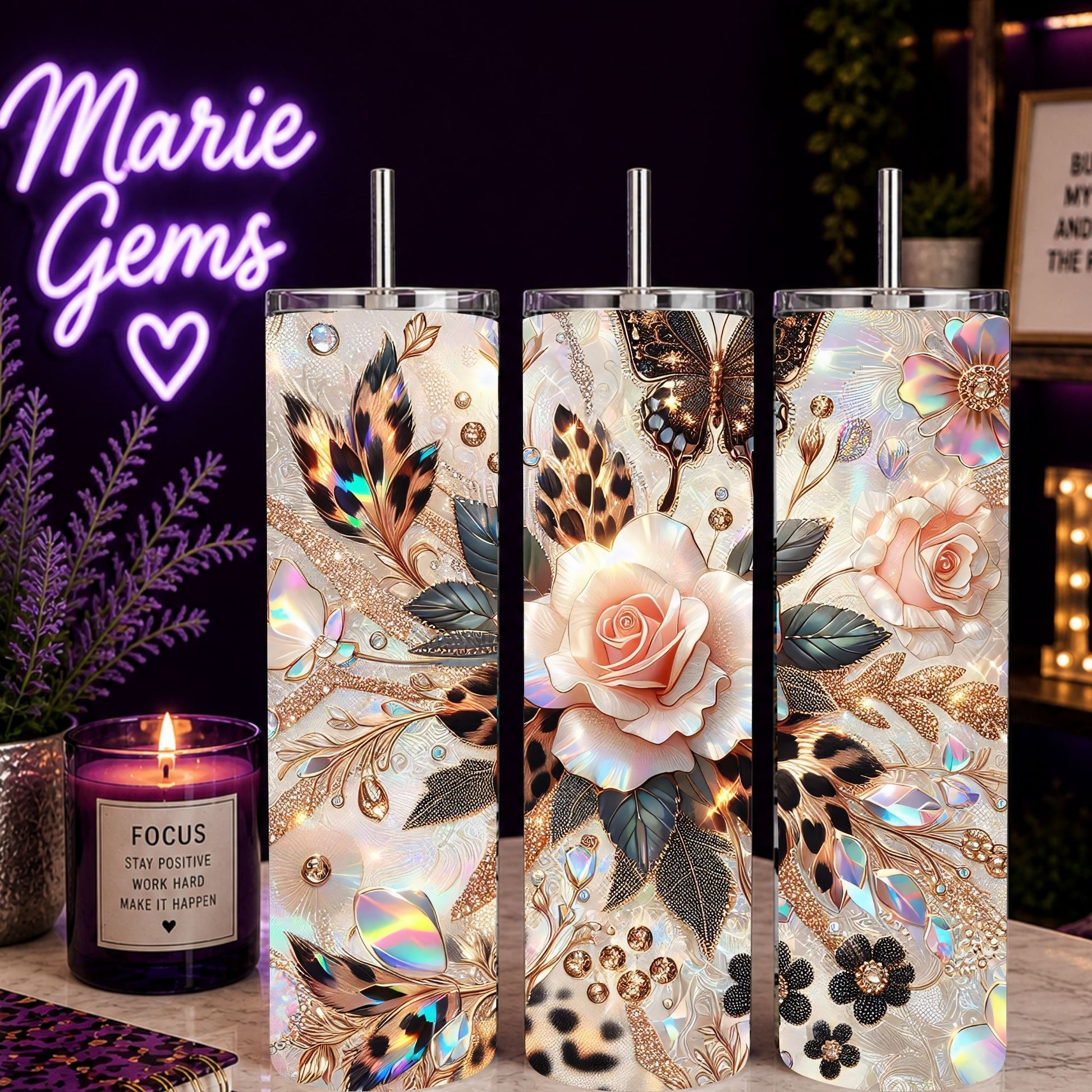 Gold Leopard Rose Glam Tumbler 20oz 30oz Skinny Cup Faux Diamond Jewel Effect Elegant Animal Print Gift For Her with glittery roses and leopard spots