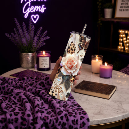 Gold Leopard Rose Glam 20 oz Stainless Steel Tumbler showing gold leopard rose glam tumbler artwork with insulated stainless steel tumbler, reusable travel cup, made to order