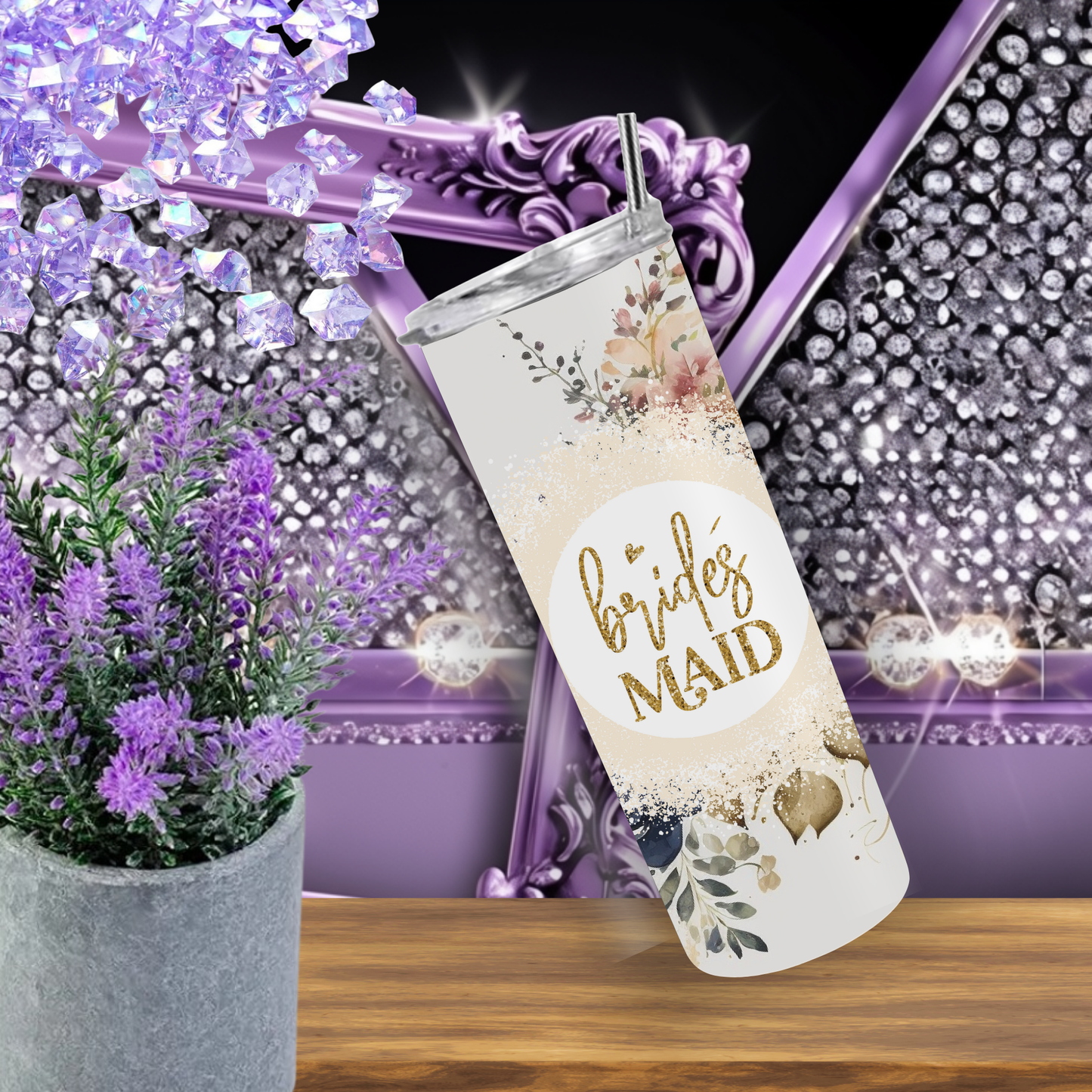 Bridesmaid Tumbler 20 oz – Elegant Floral Wedding Skinny Cup, Neutral Boho Bridesmaid Gift, Personalized Bridal Party Tumbler
