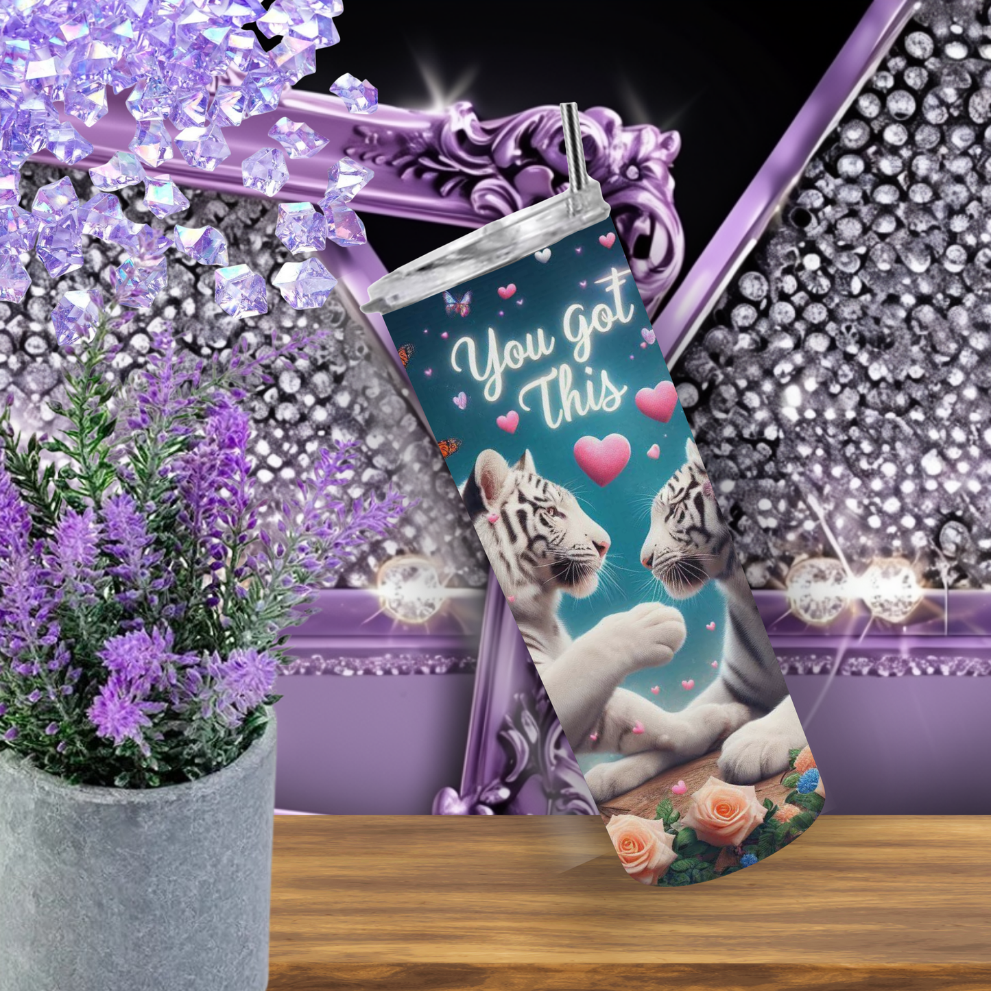 White Tiger Love Tumbler – Insulated 20oz Skinny Cup with Butterflies & Flowers for Daily Motivation