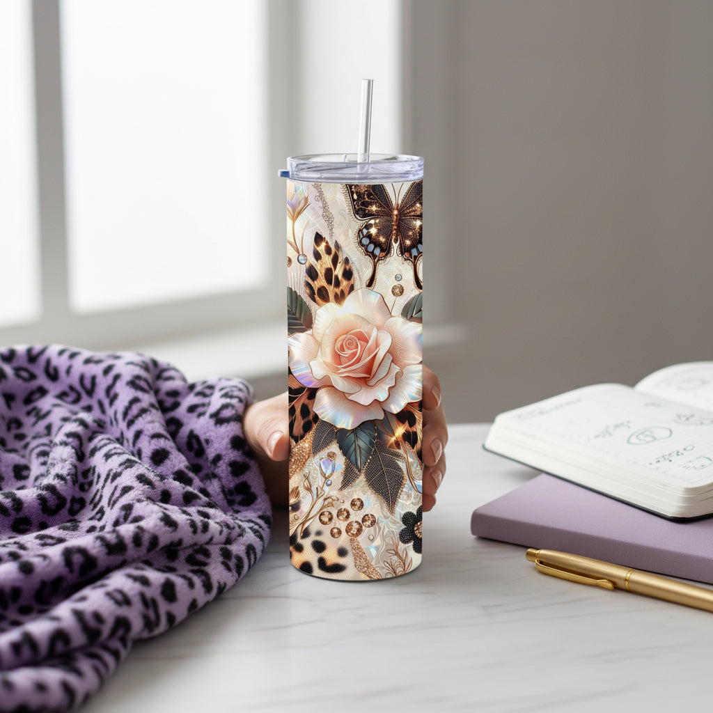 Gold Leopard Rose Glam 20 oz Stainless Steel Tumbler showing gold leopard rose glam tumbler artwork with insulated stainless steel tumbler, reusable travel cup, made to order