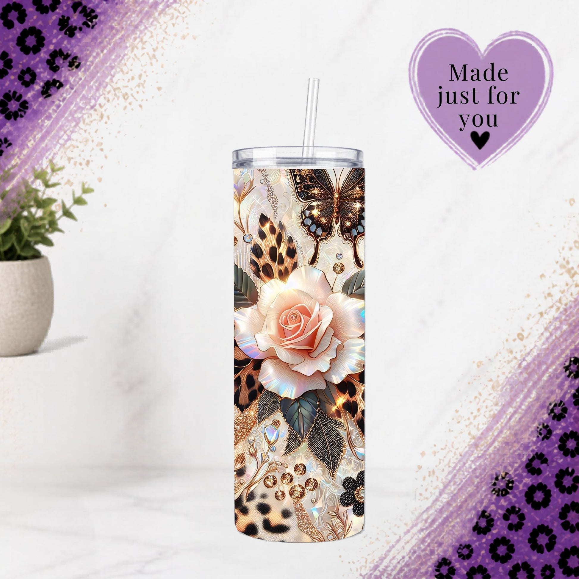 Gold Leopard Rose Glam Tumbler 20oz 30oz Skinny Cup Faux Diamond Jewel Effect Elegant Animal Print Gift For Her with floral design